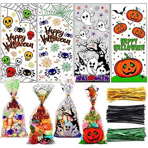 LOKIPA 200 Pcs Halloween Cellophane Candy Treat Bags with Twist Ties for Halloween Trick or Treat Party Favors Cover