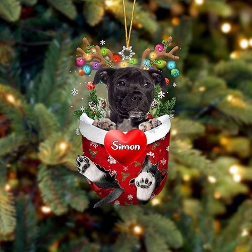 NAZENTI Staffordshire Terrier americano personalizado 1Hold A Heart in Snow Pocket Adorno de Navidad, acrílico de forma plana 2D, regalo para