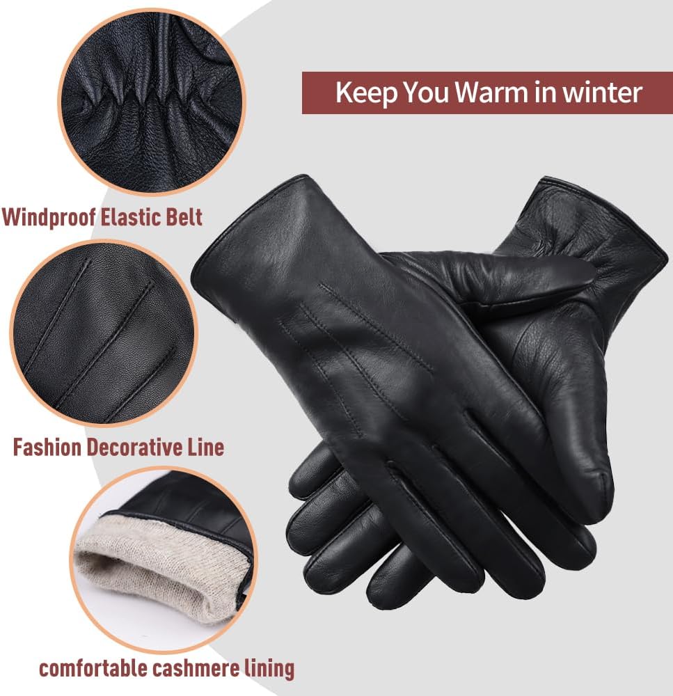 MGGMOKAY Mens Leather Gloves Lambskin Touch Screen Gloves Warm Cashmere Lined - Image 2