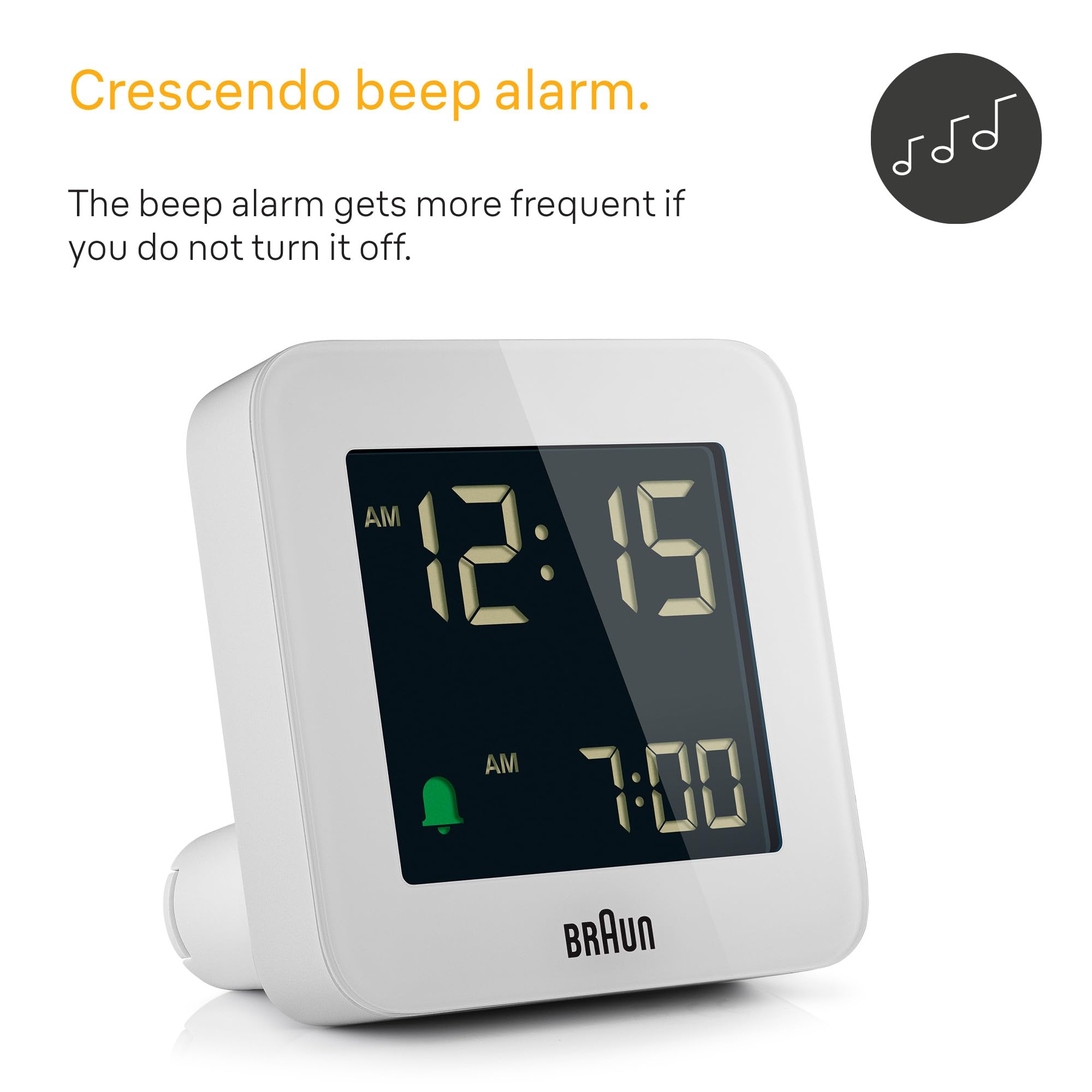 Braun Cyfrowy budzik z funkcją drzemki, negatywny wyświetlacz LCD, funkcja szybkiego ustawiania, alarm Crescendo w kolorze białym, model BC09W.