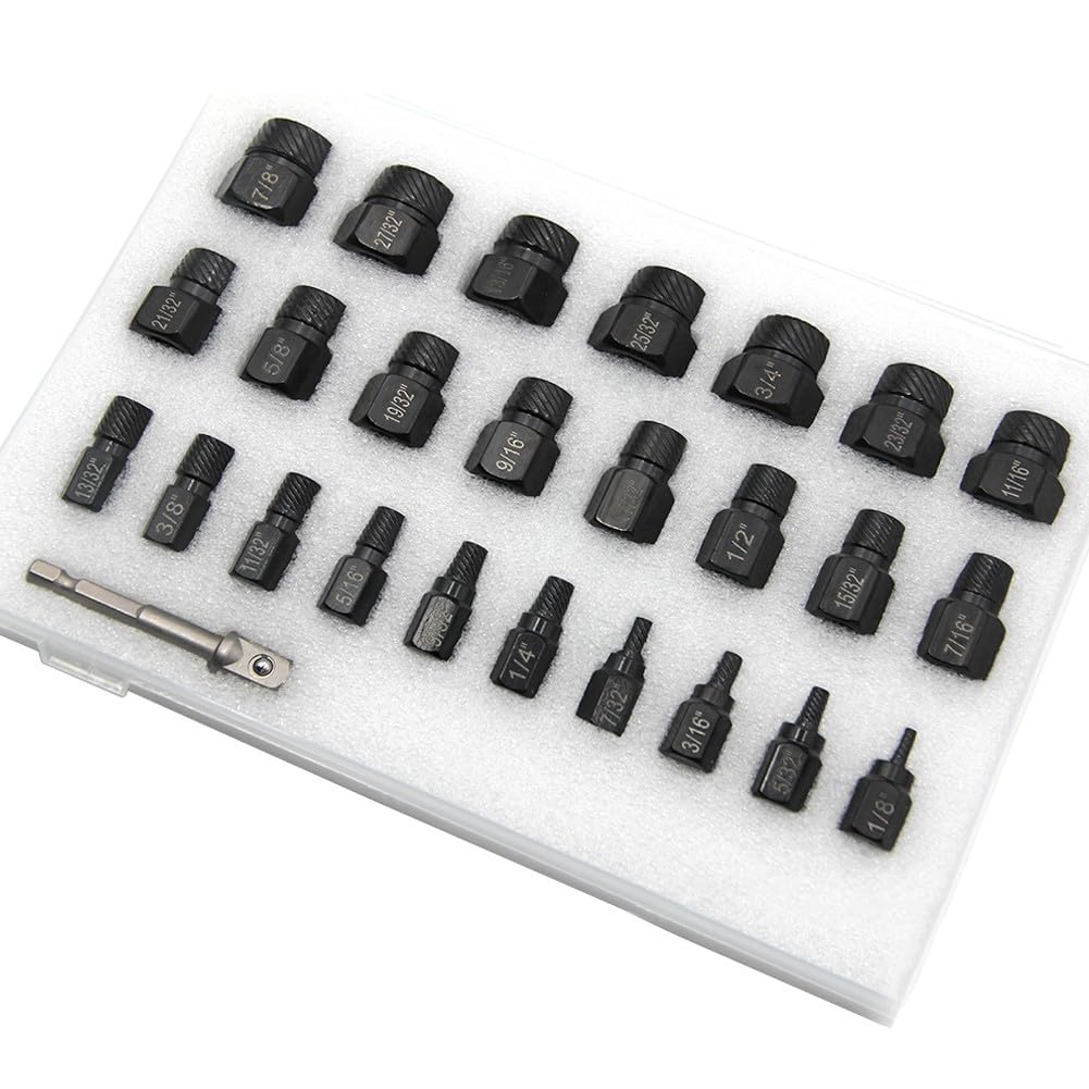 Juego de extractor de tornillos, kit de extracción de pernos, herramienta de perno roto, accionamiento 3/8, acero de alto carbono, 26 piezas para sujetadores dañados