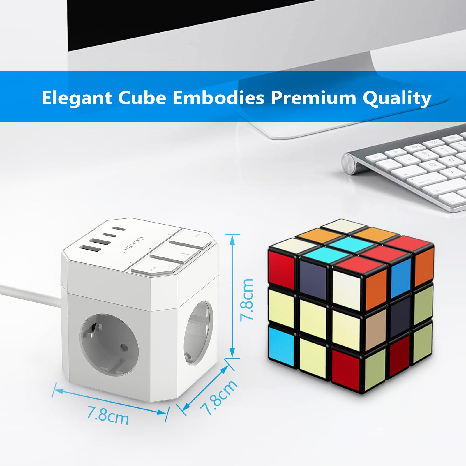 JSVER Listwa Zasilająca Cube z Indywidualnymi Przełącznikami USB-C, 3 Gniazdami, 2 Portami Typu C i 2 Portami USB-A, moc 3680 W, 16 A, kabel 2 m do Smartfonów i Tabletów-Biała