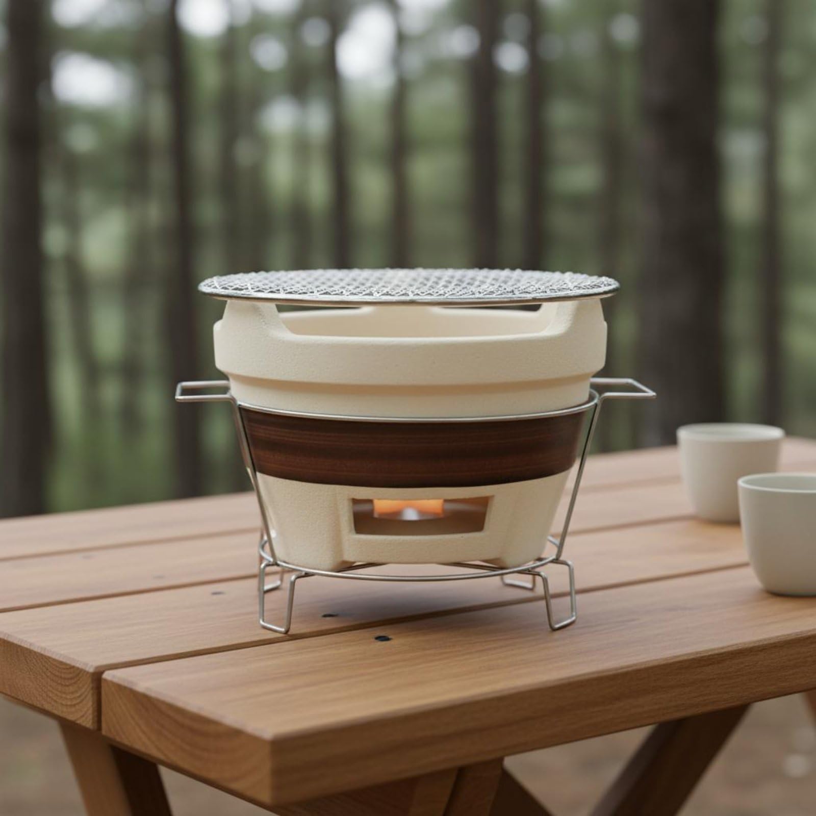 Estufa de Barbacoa Exterior Parrilla de Carbón Brasero de Cerámica Calentador Bebidas con Doble Ventilación y Base Metálica Estable Adecuada para Camping Patio Picnic, Pequeño