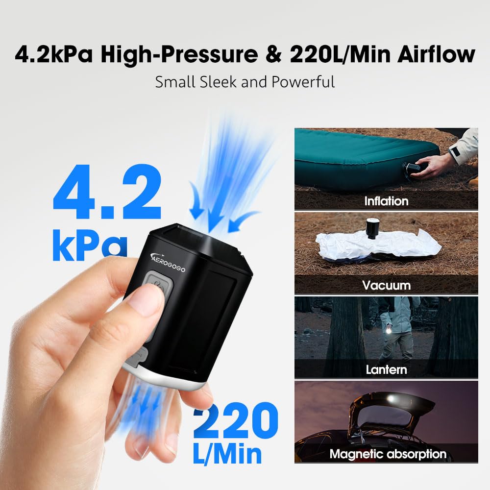 Aerogogo GIGA Pump 4 Mini Luftpumpe 4.2kPa mit Camping Laterne Tragbare Luftpumpe, Wiederaufladbare Luftpumpe Kann Deflation, Reise Inflator für Luftbett Matratze, Schwimmringe, Vakuumbeutel