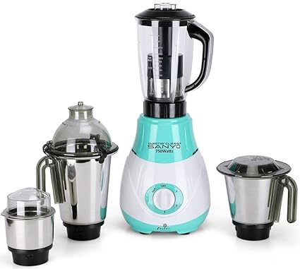 MasterClass Sanyo Riaa 750W Mixer Grinder with 3 SStainless Steel Jars and 1 Juicer Jar (1 Wet Jar, 1 Dry Jar and 1 Chutney Jar), Green-White.Make in India(ISI Certified)