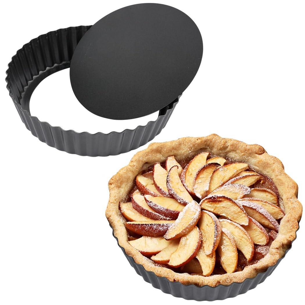 Lot de 2 moules à tarte et quiche antiadhésifs avec fond amovible, plats ronds cannelés en acier au carbone 22,9 cm