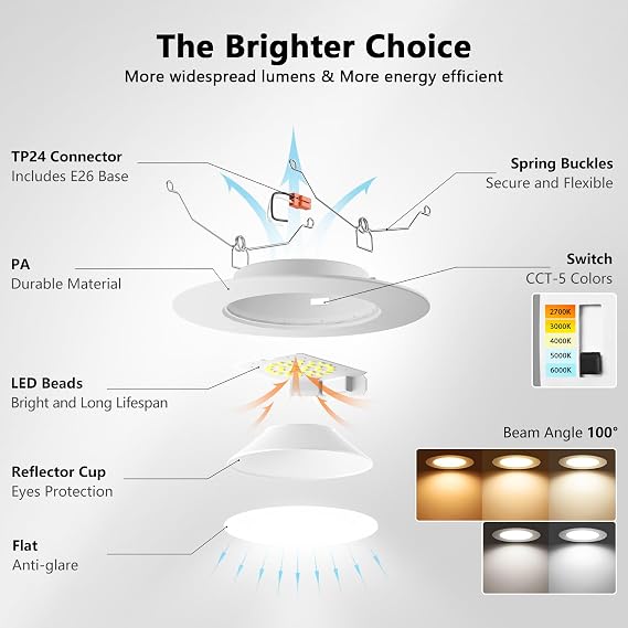 LVWIT LED Recessed Light 6inch 30 Pack White,5CCT,10W120W,Dimmable Downlight with E26,Retro Fit Ceiling Light Fixtures