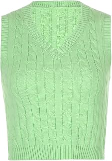 KHJH Sleeveless Sweater Vest,Women Knitted Gilets Fluorescent Green Twist Jacquard V Neck Pullover Knitted Waistcoats Sleeveless Jumpers Casual Autumn Winter Sleeveless Sweater Vest Blouse