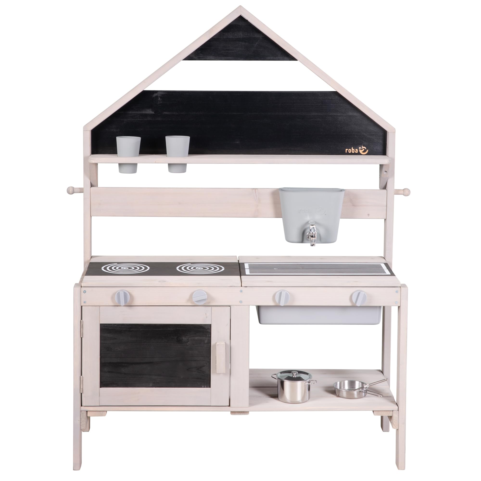 roba Cocina para Niños con Diseño de Casa - Cocinita de Juego Funcional para Exteriores con Accesorios - Madera Maciza Certificada FSC - Gris Esmaltado
