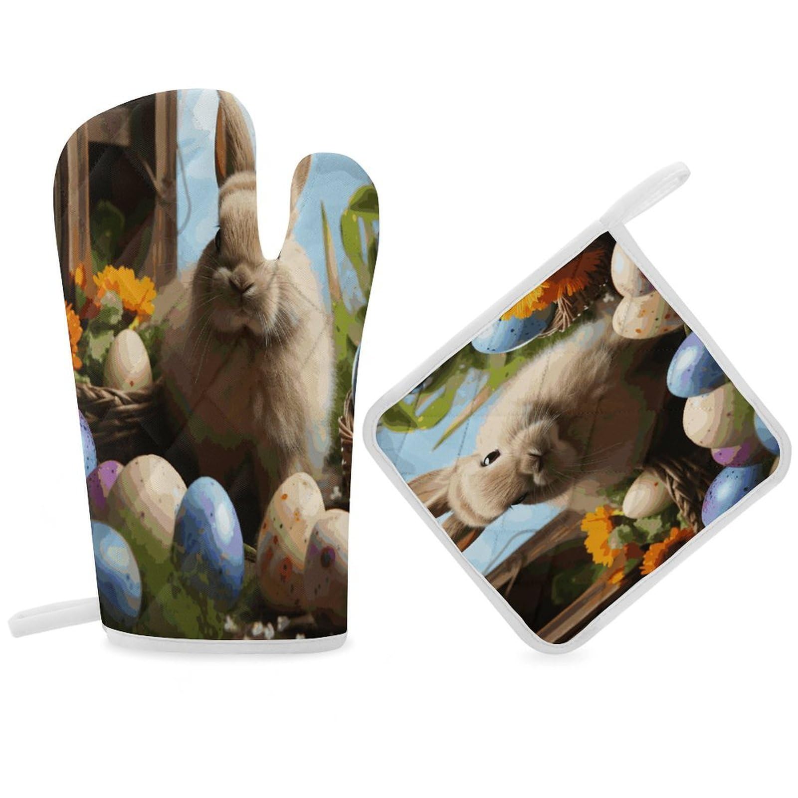Fodpand Women's Style Easter Rabbit And Easter Eggs Oven Mitts And Pot Holders Sets,Oven Gloves For Kitchen Oven Mitts And Potholders For Baking Cooking Grilling Apartment Essentials