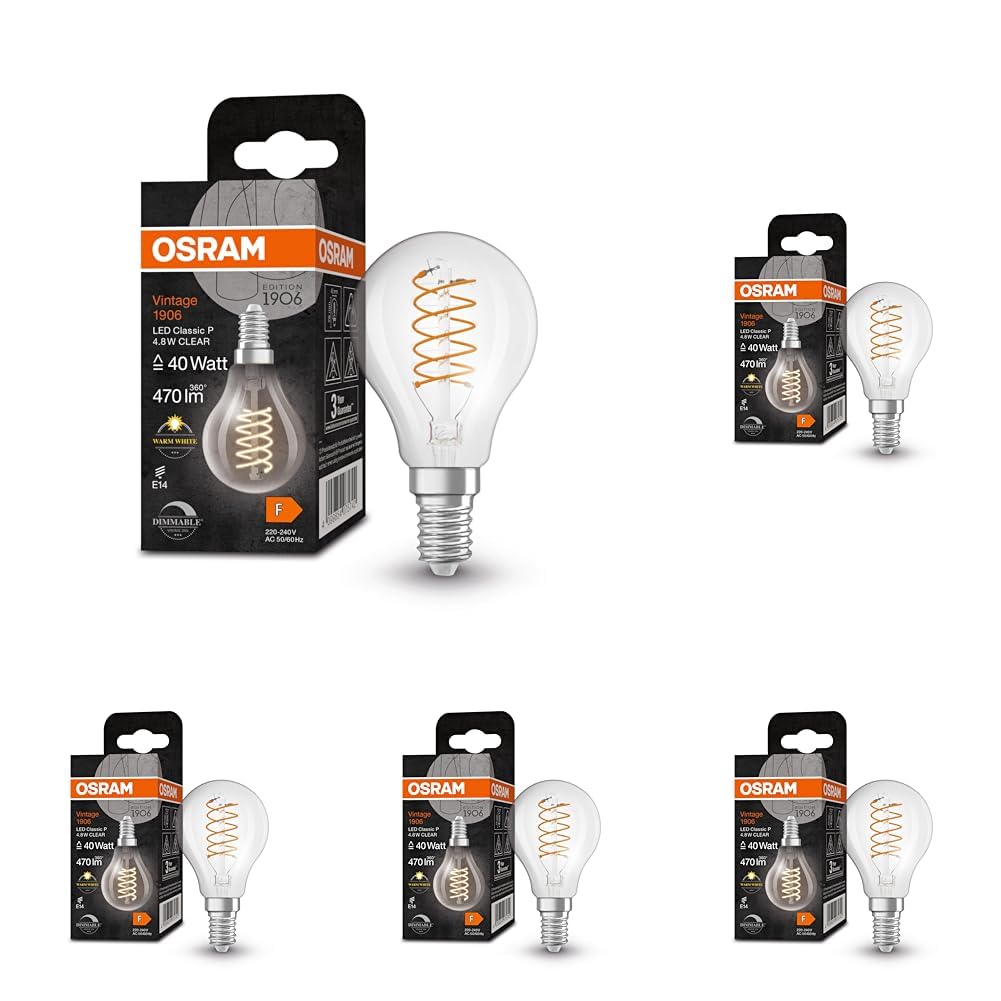 Osram Vintage 1906 Classic P FIL LED-Lampe, Miniball, E14, klar, 4,8W, 470lm, 2700K, warmweißes Licht, dimmbar, neues, ultraschlankes Filament, sehr geringer Energieverbrauch, lange Lebensdauer