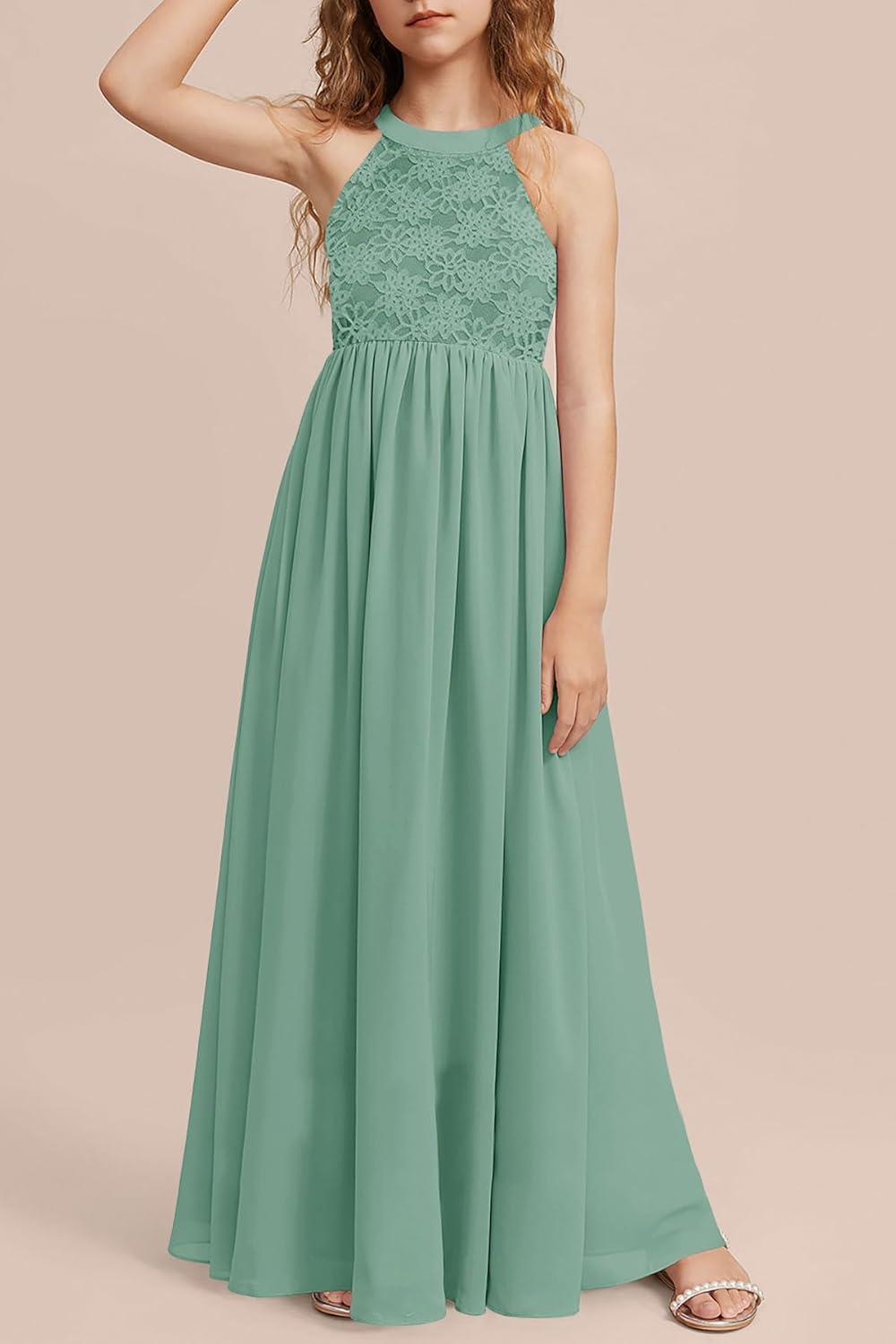 HOSIKA Girls Halter Neck Sleeveless Elegant Lace Chiffon A-line Long Flower Girl Dress for Wedding Party 6-12 Y - Image 2