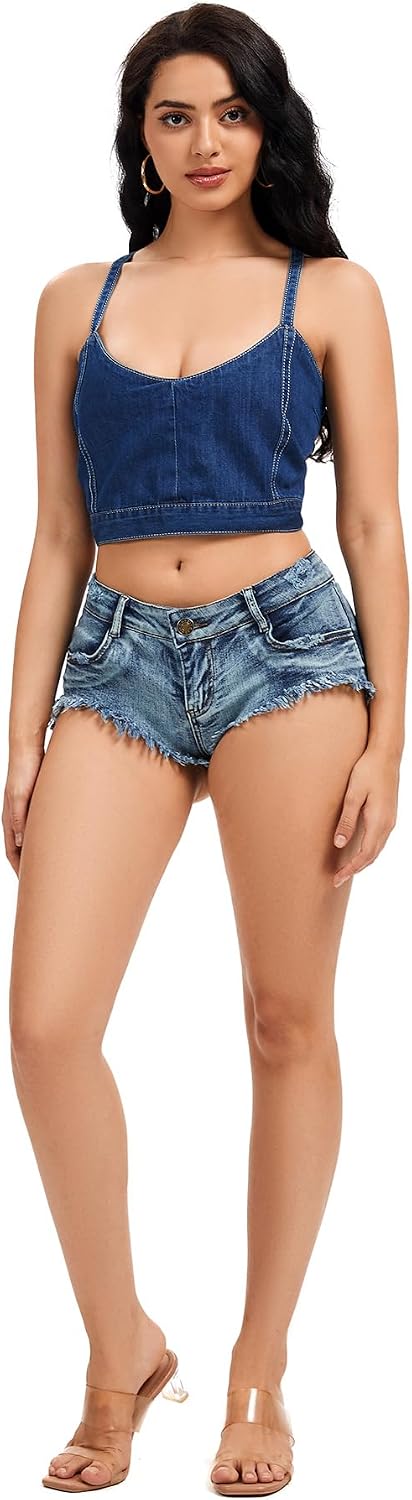 Women’s Sexy Low Rise Frayed Hem Mini Jeans Shorts Casual Stretchy Denim Shorts Hot Pants