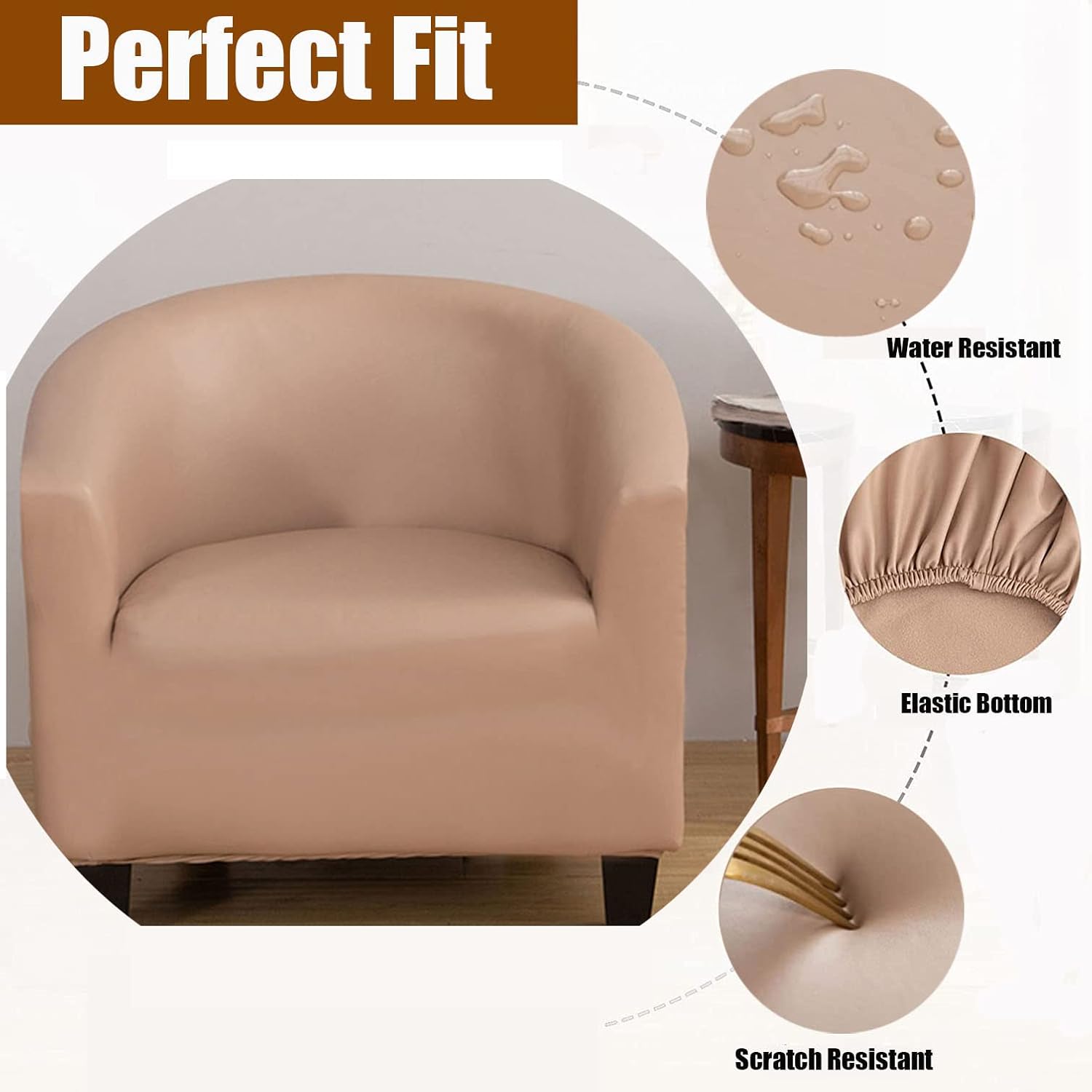 YOPOIY PU Leather Tub Chair Slipcover, 1 Piece Durable Armchair Slipcover Non Slip Armchair Cover Waterproof Barrel Chair Cover Removable Furniture Protector -White