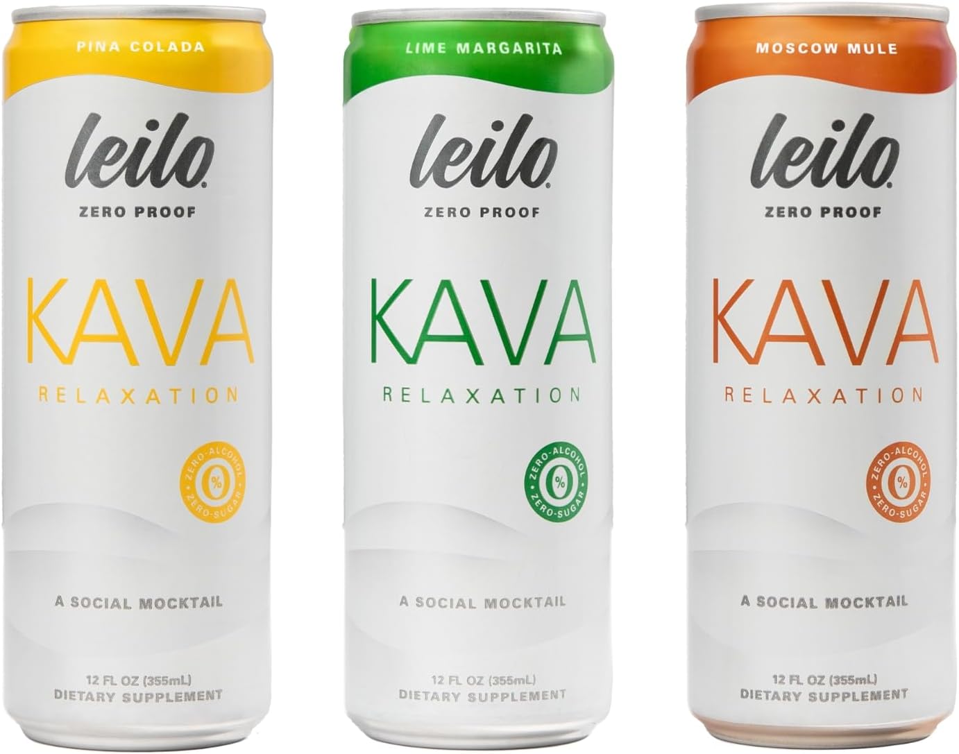 Leilo | Kava Powered Mocktail Drinks | Variety-Pack - Sugar-Free & Non-Alc Functional Relaxation Support - Includes 4 of Each: Margarita, Pina Colada, Moscow Mule | 12 fl oz Cans (Pack of 12)