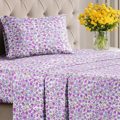 Image of Twin 3 Piece Floral Sheet Set - Soft, Breathable & Cooling - Purple Bloom | 1 Flat, 1 Fitted & 1 Pillowcase w / Deep Pockets, Boho Botanical Floral Bedding, Breathable & Cooling, Wrinkle & Fade Free