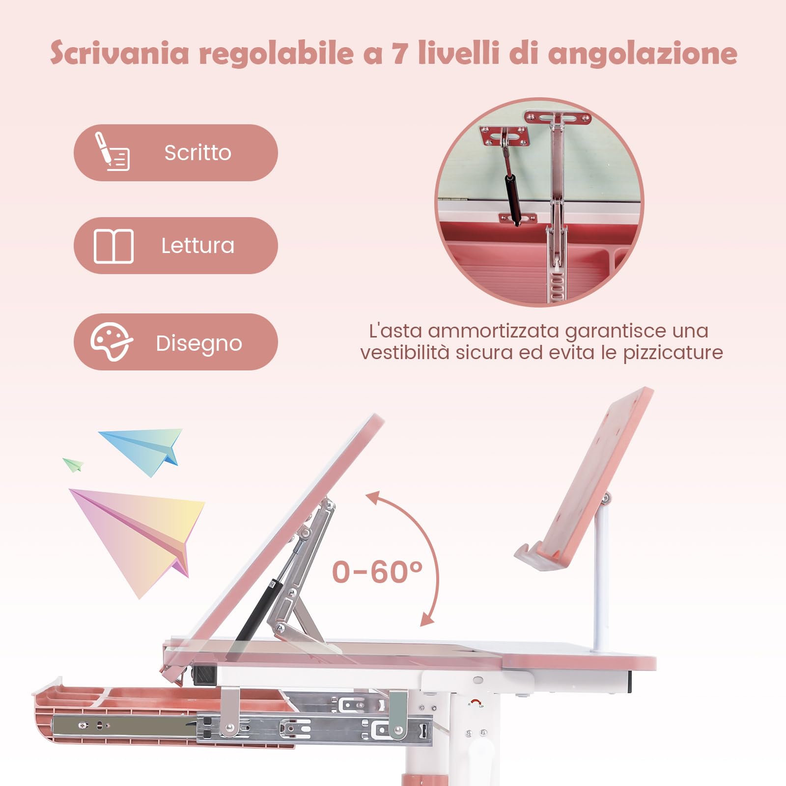 COSTWAY Tavolo di Studio per Bambini 3-12 Anni, Tavolino Regolabile in Altezza con Piano Inclinabile, Libreria e Cassetta di Archiviazione, Ideale per Disegno (Pink)