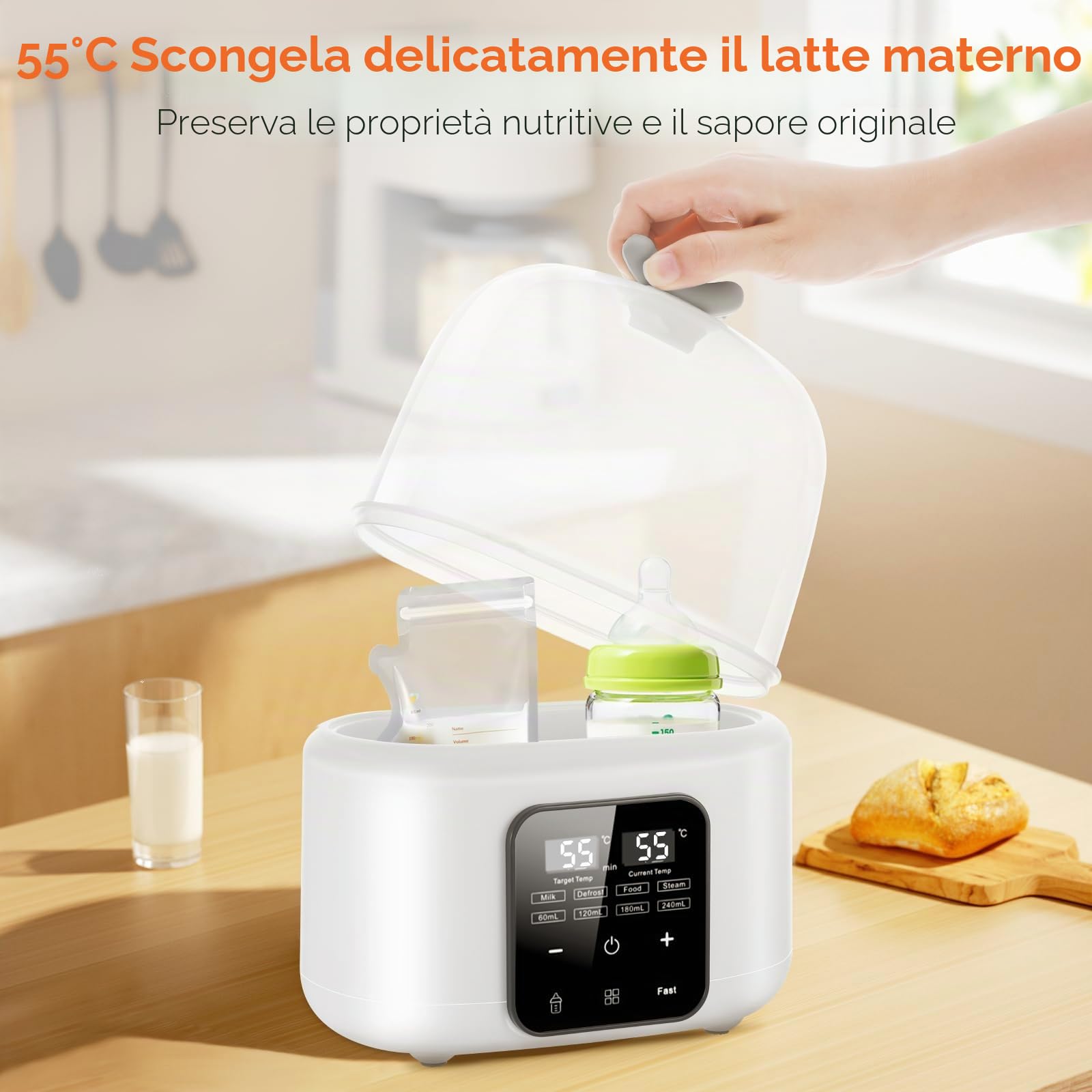 Scaldabiberon, Scalda Biberon 6 in 1 per latte materno e formula con controllo intelligente della temperatura, mantenimento 48H, scaldalatte, riscaldamento alimenti, scongelamento, vapore