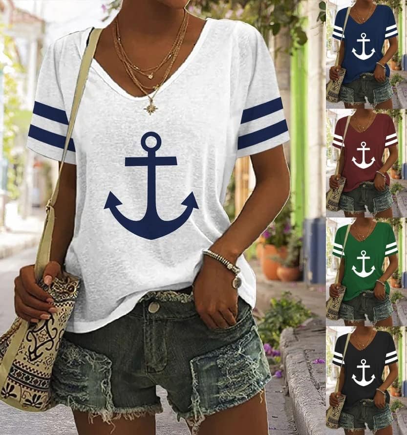 Womens Nautical Anchor Print T Shirt Casual Marine Sea Sailor Short Sleeve V Neck Top Blouse - Image 3