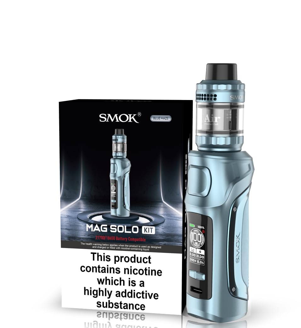 SMOKMag Solo Vaping Kit, Ergonomic, 100W Max, Run Nic Salts, Single Battery Compatibility I8650/2I700 (Not Included), T-Air tank, TA coils, E Cigarette, E Cig, No Nicotine (Blue Haze)