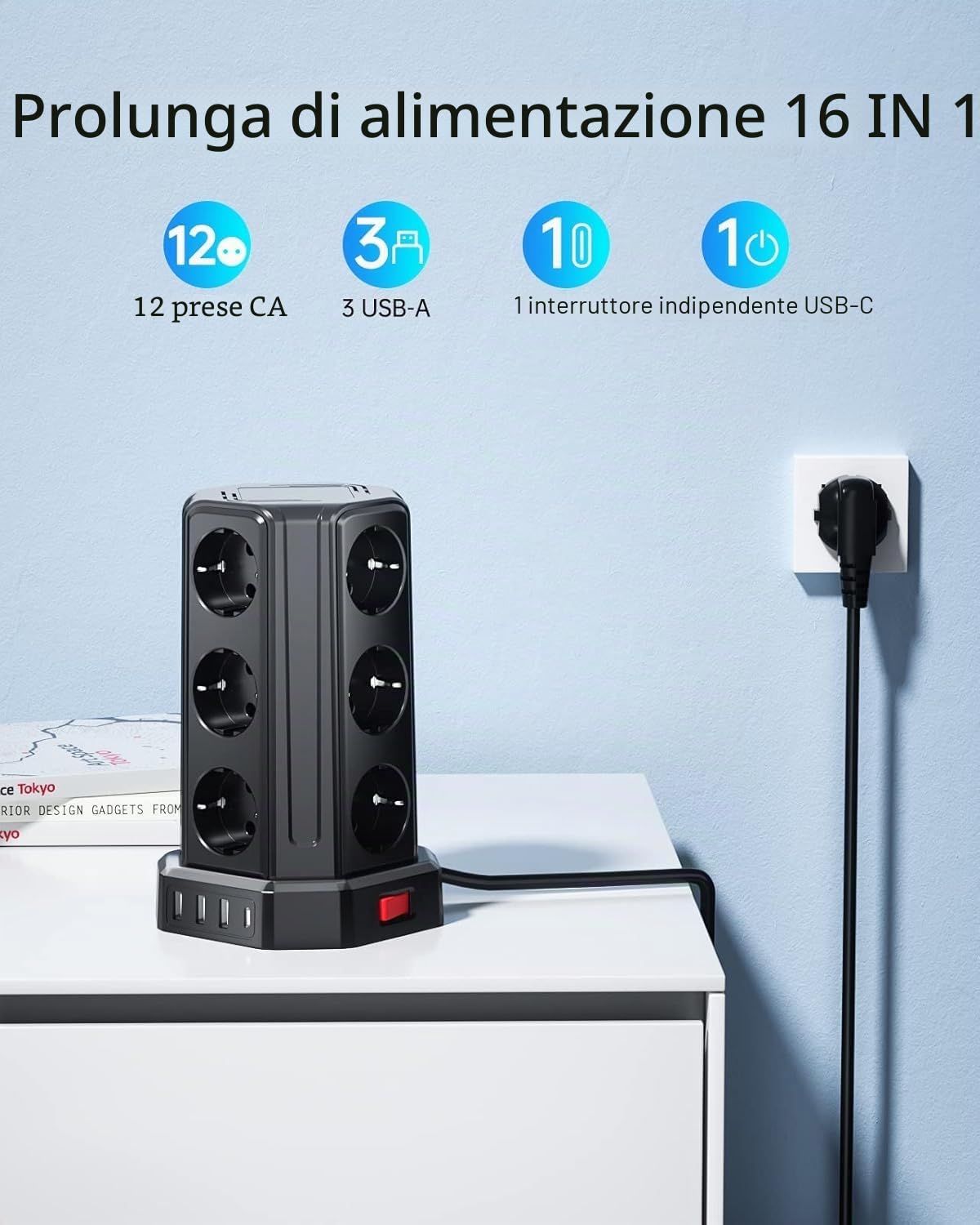 Sameriver Ciabatta Multipresa, Multipresa Elettrica con 12 Prese e 3 USB A+1 USB C(4000W/16A), Ciabatta Multipresa con usb Verticale protezione Sovratensione con interruttori, Nero F (Schuko)