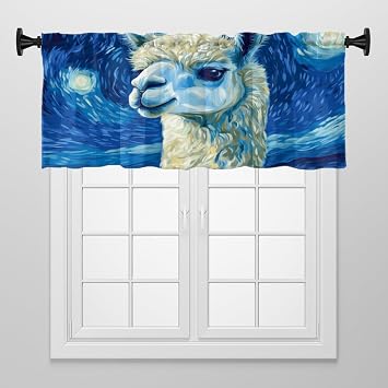 Window Treatment Tiers Solid Short Curtain for Small Window Bedroom 52 x 18 Inches, Van Goghs Starry Night Style Alpaca Window Treatments Valance for Living Room, 1 Panel
