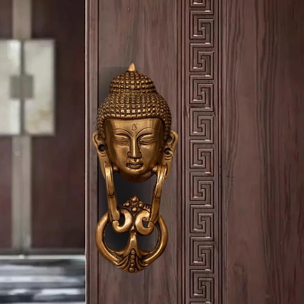 TIST Iron Door Knocker Front Door Brass Buddha Head Sculpture Door Handle Vintage Door Knock for Home Door Ring Knocker Surface-Mounted Installation