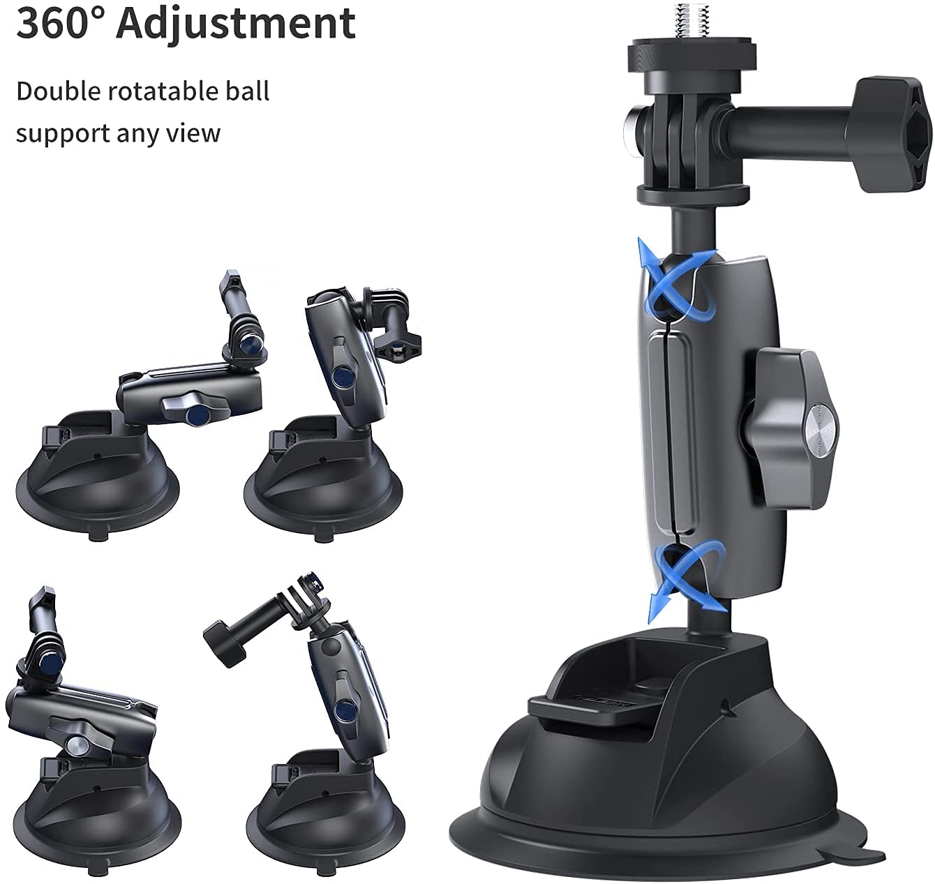 Sirui Camera zuignap mount met magische arm kit, aluminium 360° roterende auto voorruit dashboard vacuüm zuignap mount met telefoon houder voor dashboard camera Insta 360, 1/4''-20 aansluitdraad