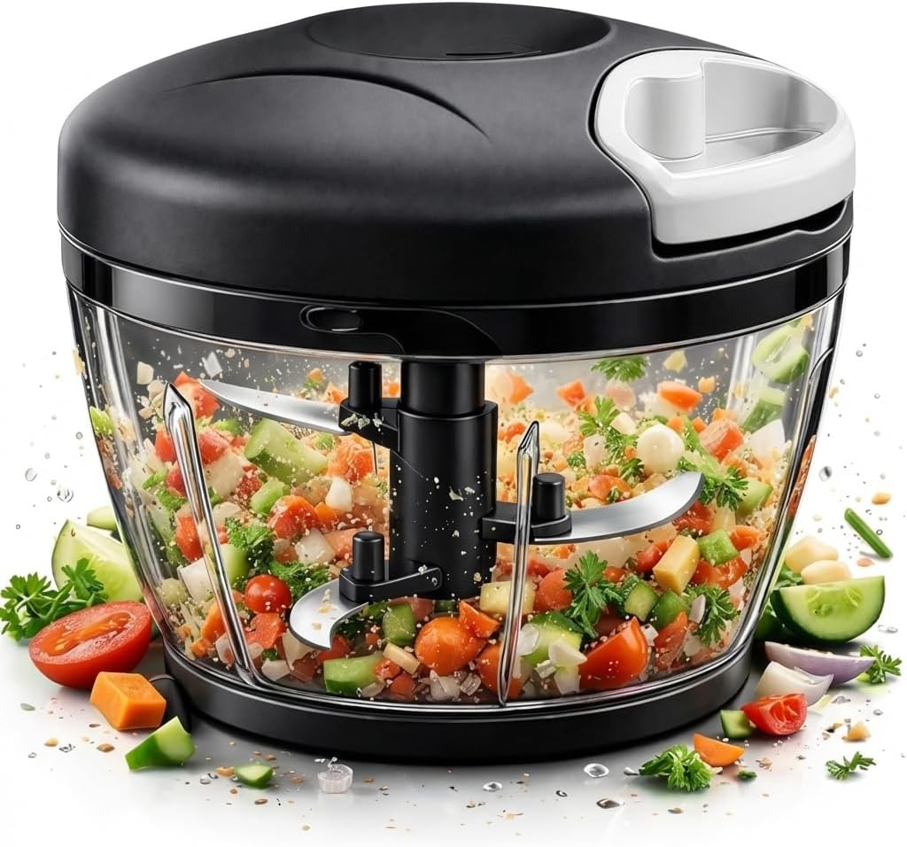 Mini Processador de Alimentos Manual, Triturador de Alho Grande 500ml - 3 Laminas Aço Inoxidavel, Triturador de Alimentos