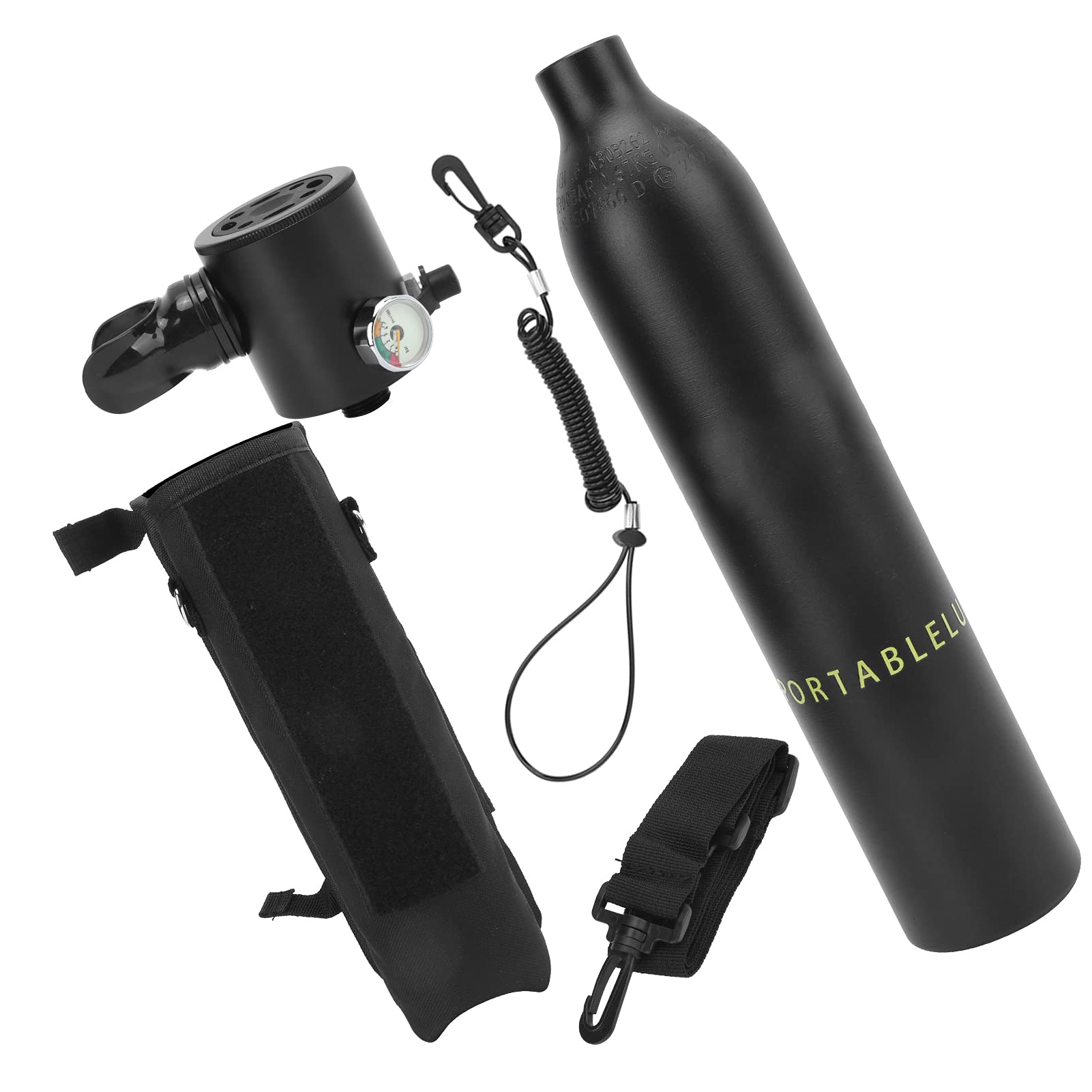 Tanque de Buceo Portátil de 0,5 L Cilindro de Oxígeno Subacuático de Fácil Respiración para Bucear con Bolsa de Almacenamiento y Manómetro Luminoso para Salvavidas