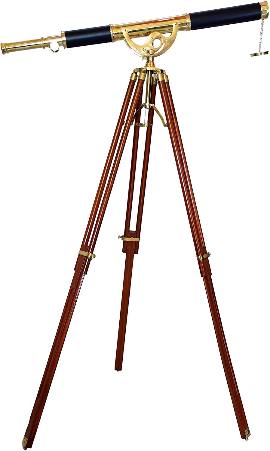 Vintage Brass Telescope Black Leather Shiny Brass Nautical Functional Marine Floor Standing Wooden Tripod Collectible Retro Telescope