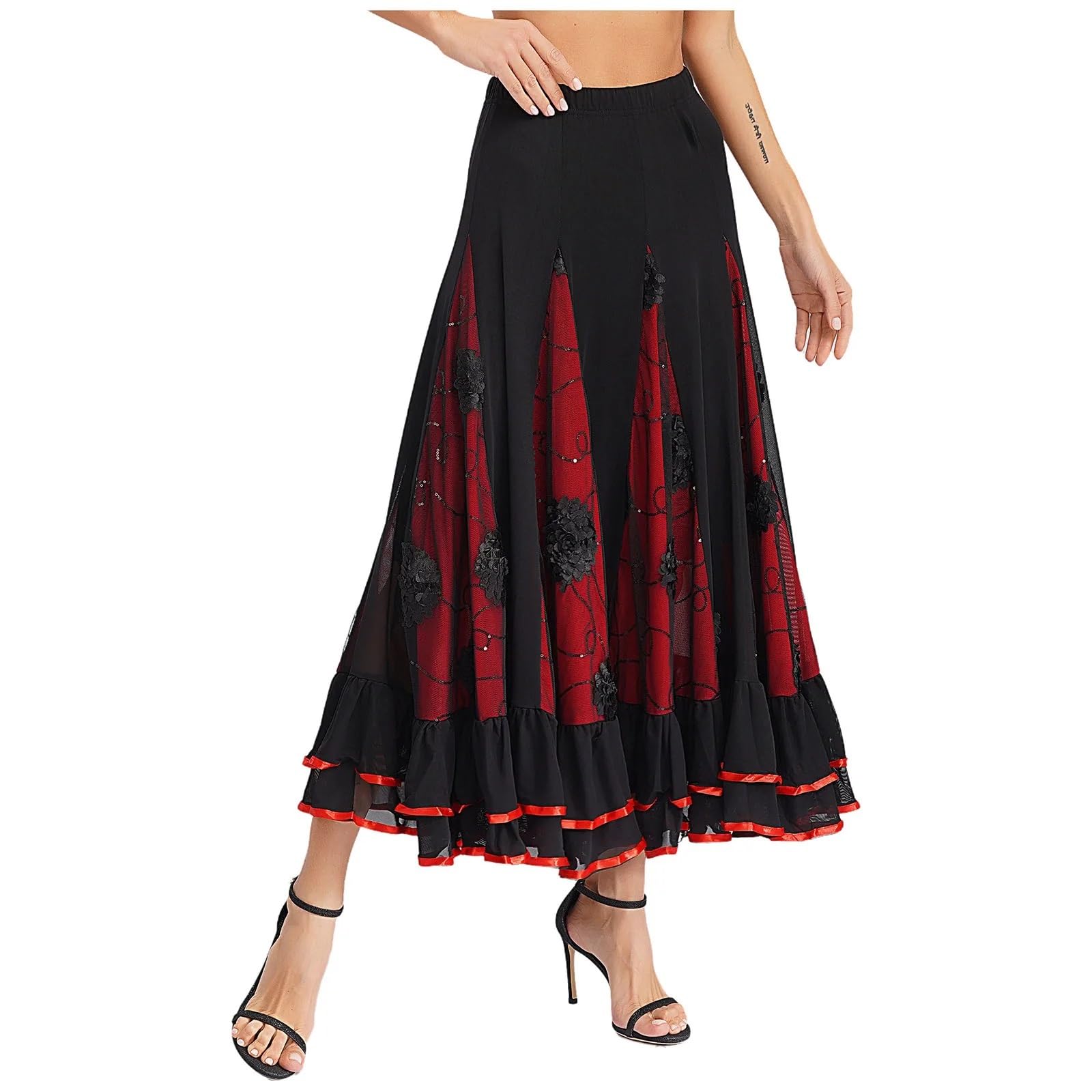 Falda Flamenca Mujer Faldas largas con Volantes y Lentejuelas for Mujer, for Baile Flamenco, español, clásico, vals, salón, Faldas Dobladillo Flores