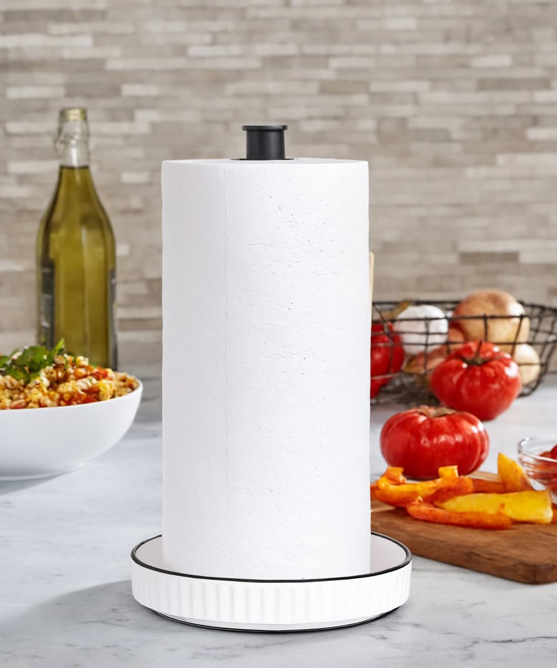 Portarotolo da cucina in piedi, base in ceramica, facile da pulire, diametro 18 cm x altezza 32 cm, stabile e perfetto per qualsiasi arredamento da cucina, vacanze e occasioni, bianco chic