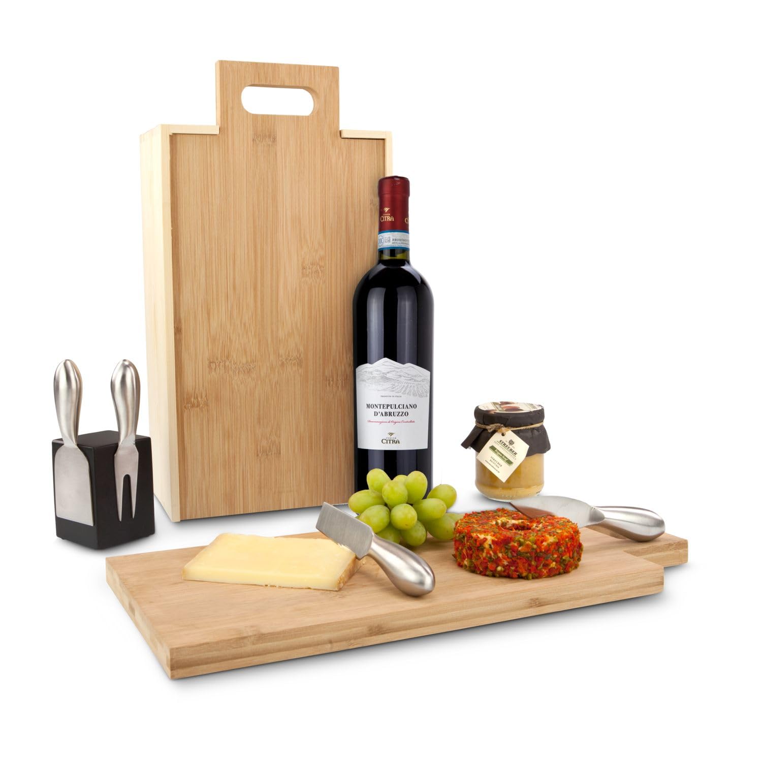 Römer Präsente Geschenkset Say Cheese: 8-teilig; 1 Montepulciano Rotwein, 1 Glas Feigensenf, 1 ROMINOX- Käsemesserblock (magnetisch) mit 4 Besteckteilen in wandelbarer Weinverpackung als Käsebrett