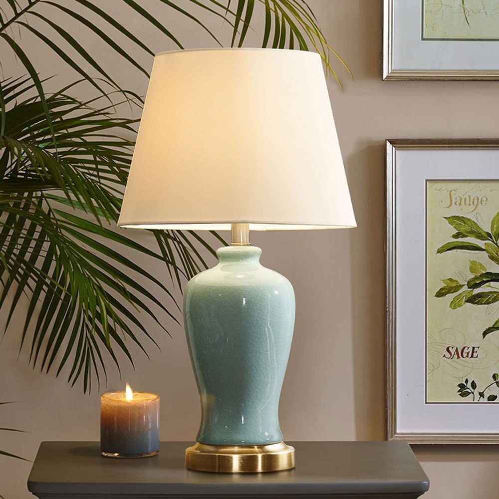 Lampada da Comodino/Scrivania Tradizionale in Ceramica Effetto Craquelé con Paralume Bianco, Dimmerabile, Dimensioni 38 * 68 Cm./Interruttore a Pulsante/33 * 60 cm