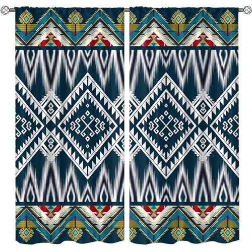 Blue Green Geometric Texture Blackout Boy Curtains, Colorful Ethnic Style Rod Pocket Thermal Insulated Curtains Drapes for Living Room Bedroom Window Farmhouse-2 Panels W31.5xL63in