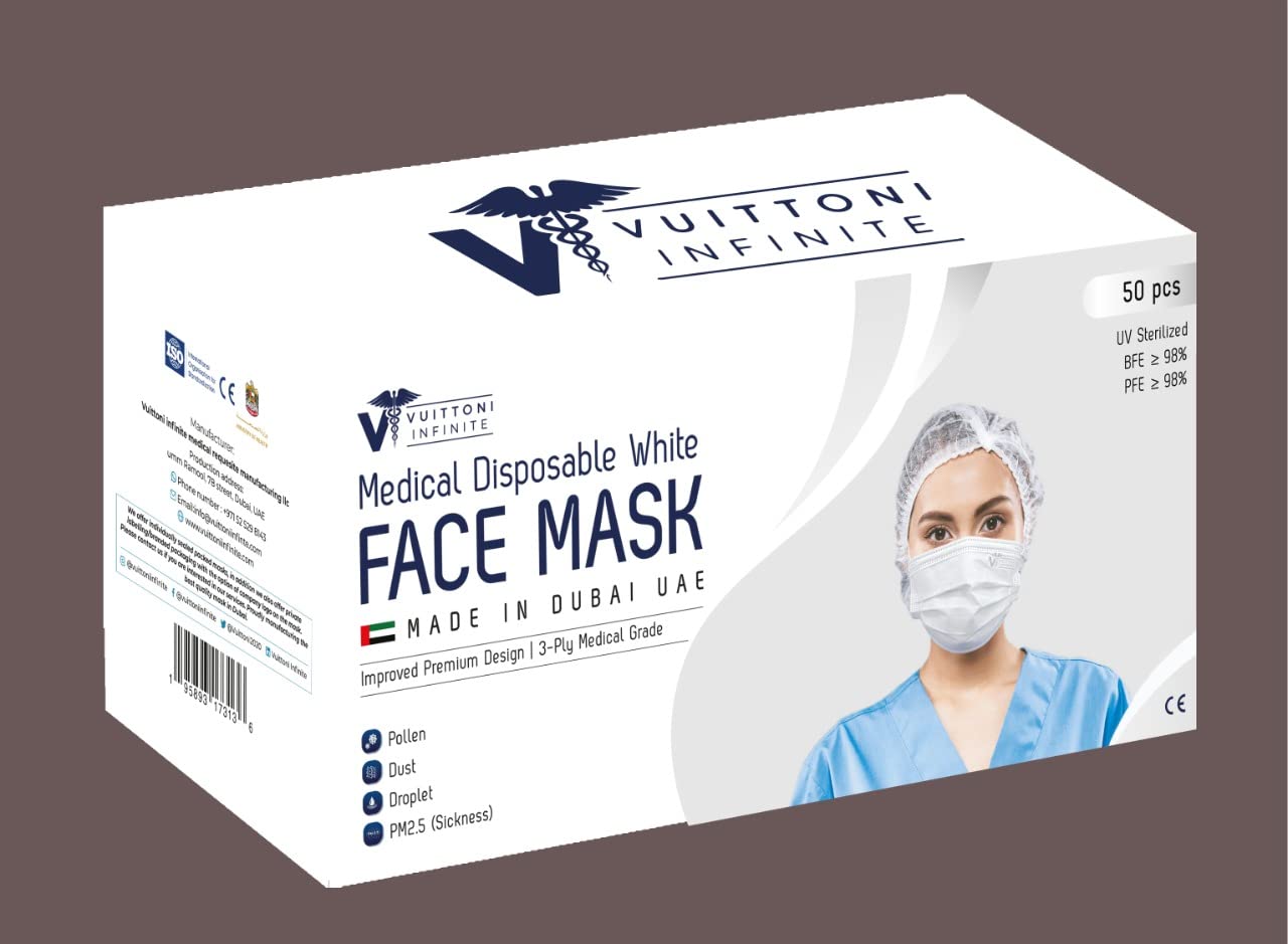Vuittoni Infinite - White Premium 3ply Face Mask - Medical Grade Face Mask - UV Sterilized - Itch Resistant - CE certified - Secure Fit to Face - Improved Design - BFE/PFE 98% - Made in Dubai