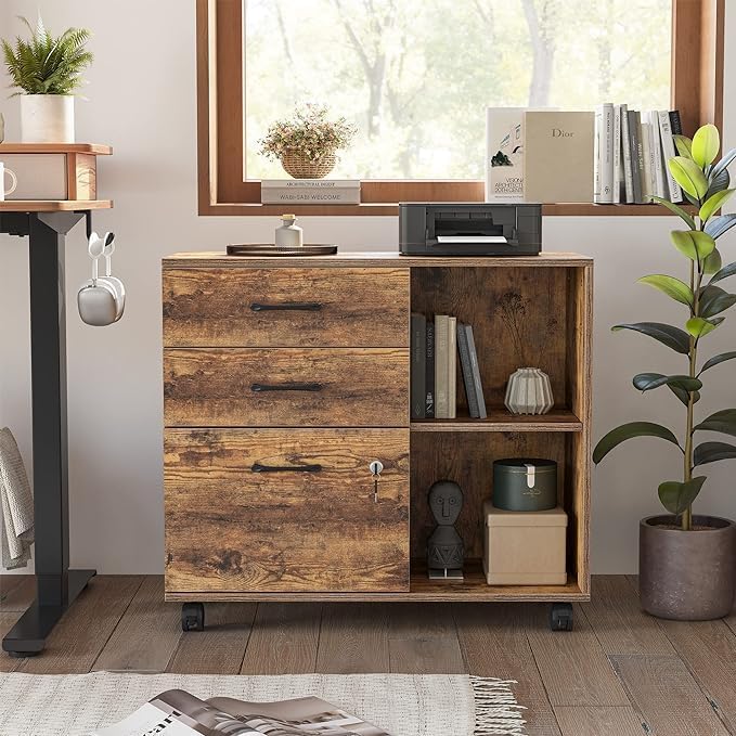 FEZIBO Armoire de classement mobile à 3 tiroirs, armoire latérale avec serrure, support d'imprimante avec compartiments de rangement ouverts pour le bureau à domicile, marron rustique
