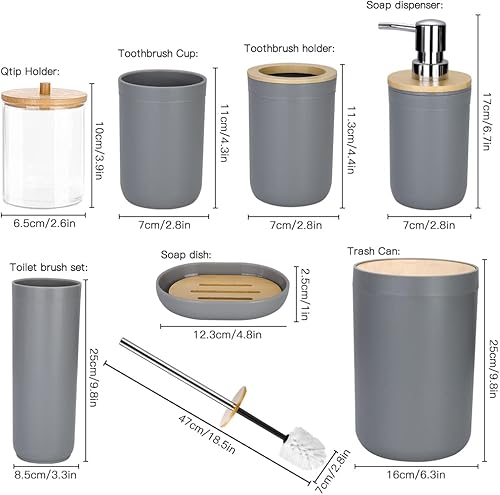 Miniatura 3 de Otostar Juego de accesorios de baño grises de bambú con soporte Qtip para dispensador de jabón soporte para cepillo de dientes vaso para jabonera