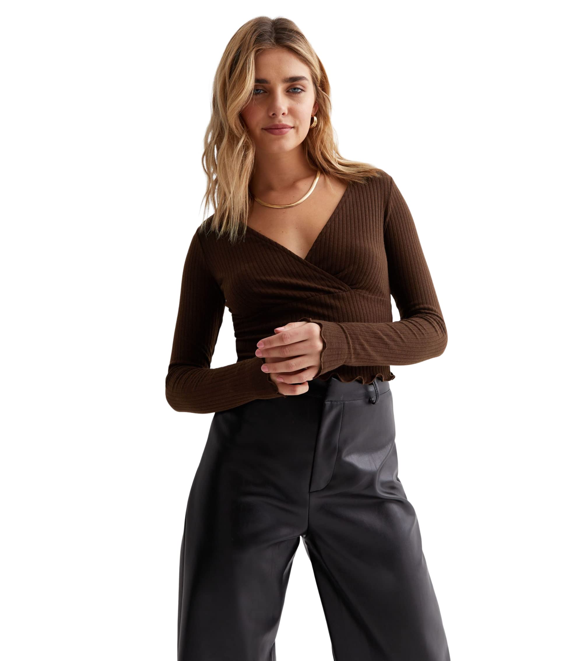 SIGHTBOMBWRAP Around Lettuce Edge Ribbed Tops for Women, WHITE, SMALL-MEDIUM