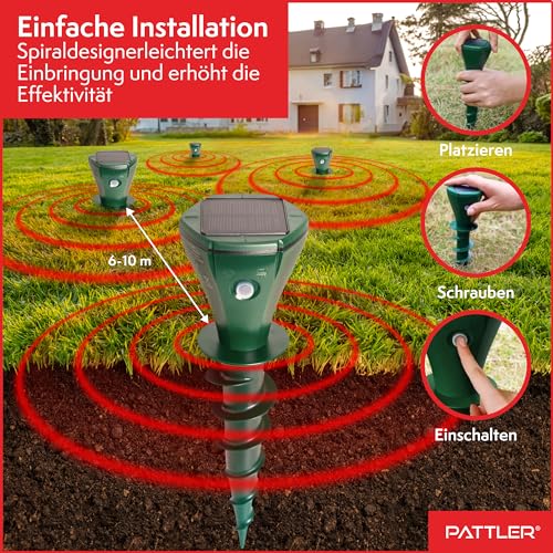 PATTLER® Maulwurf Vertreiber 4er Set - Effektiv Maulwurf vertreiben auf ca. 800m² - Flexible Verwendung durch Solarmodul - innovatives Schraubdesign erhöht Effektivität