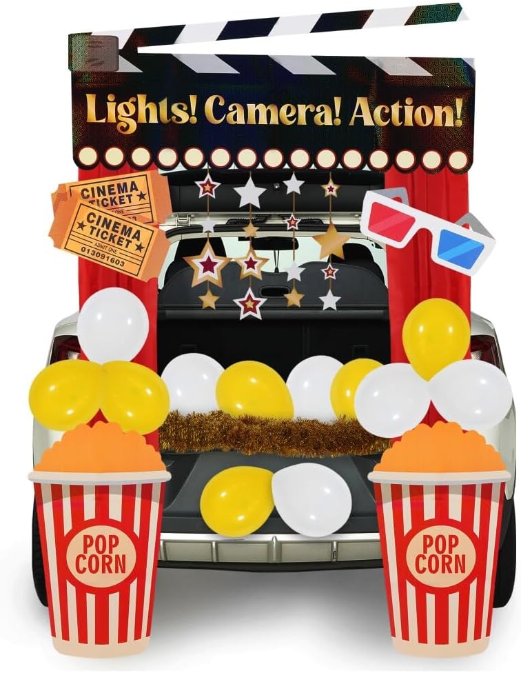 JOYIN Trunk or Treat Cinema Car Decoration Kit, Red Carpet Popcorn Bucket Clapperboard 3D Glasses Stickers Car Archway Garage Decorations for Halloween SUV Trunk Entryway Haunted House Outdoor Decor