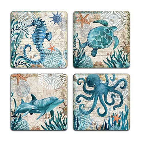 Marine Life Square Coaster Set - Made of Recycled Rubber - Set of 4
