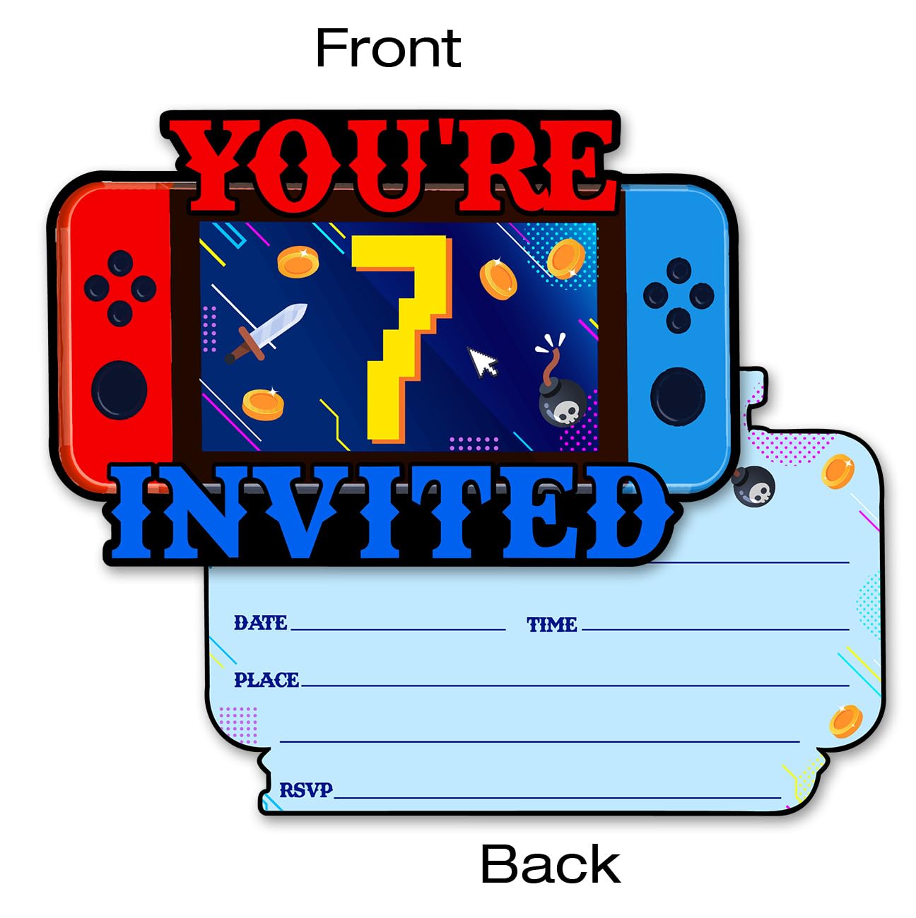 QYCFDXD Video Game 7th Birthday Invitations Boy Glitter Video Game 7 Year Old Boys Birthday Party Shaped Invitations Invites with Envelopes, 20 Pack, Double-Sided