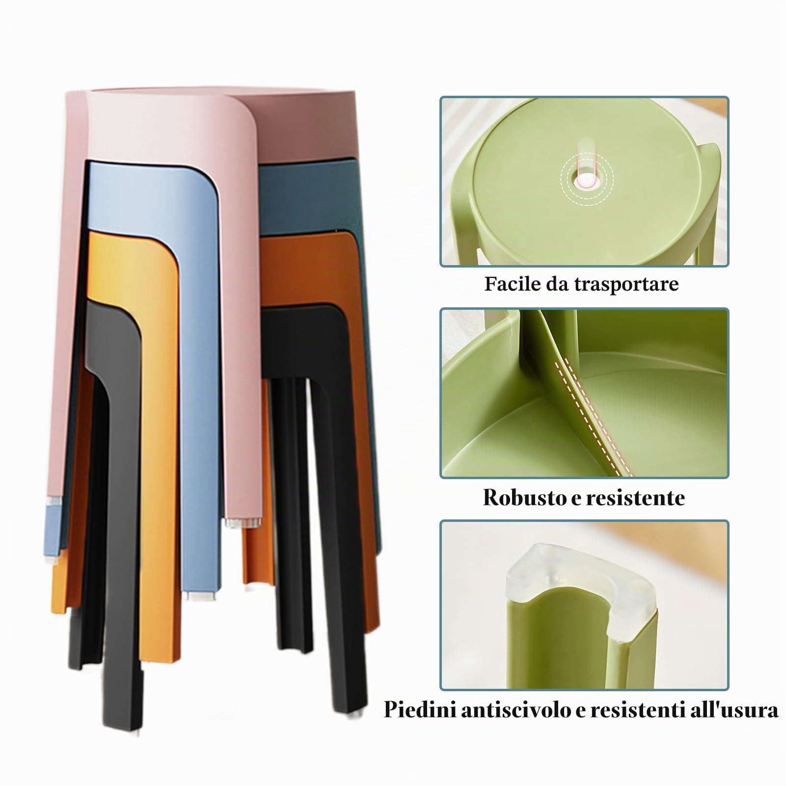 6 sgabelli impilabili in plastica, sgabelli da bar rotondi portatili con schienale scoperto, capacità di carico 150 kg, sedie leggere e colorate per casa, aula all'aperto, cucina e caffè