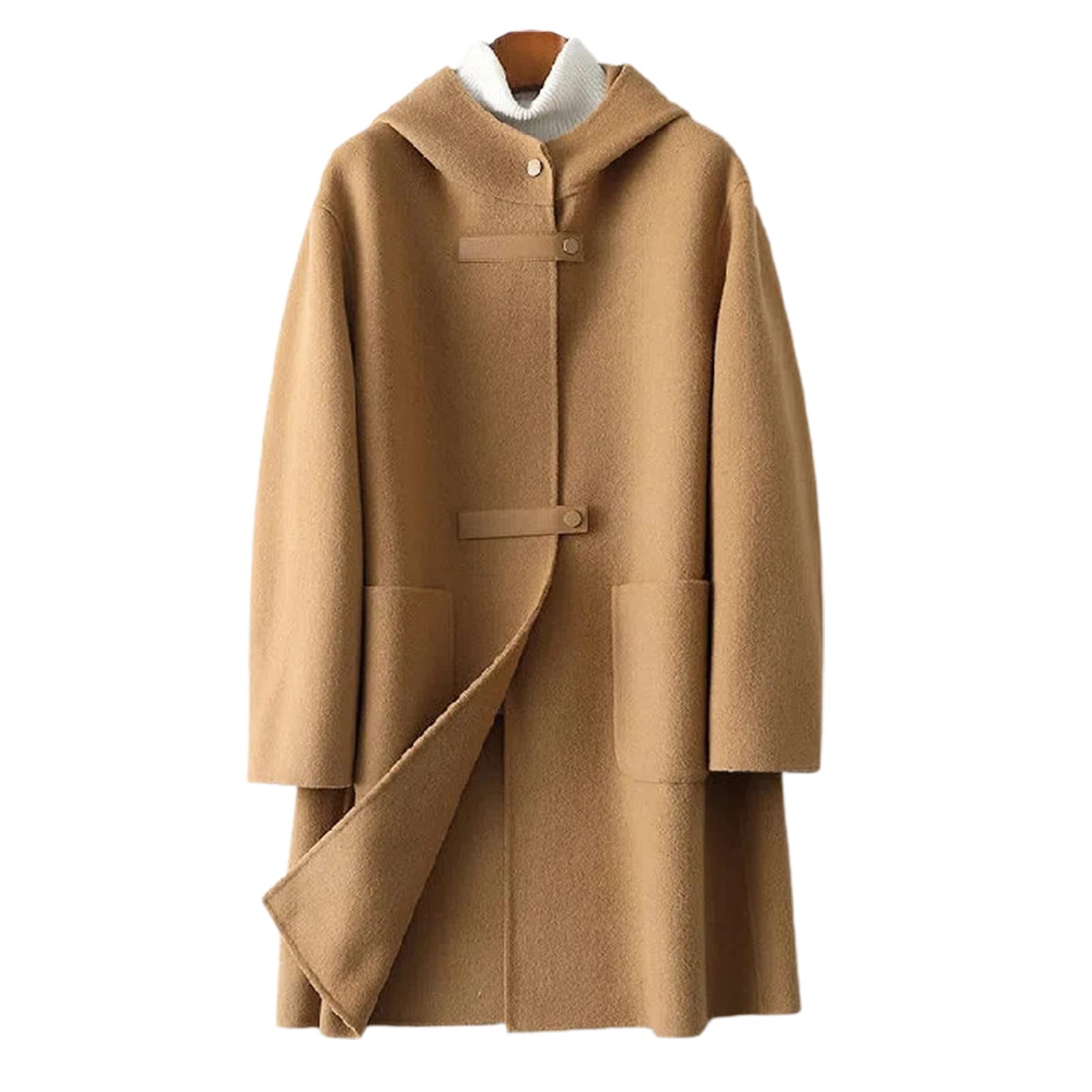 Cappotto da donna con cappuccio Inverno Maniche Lunghe Giacca Tasche Caldo Doppio Lato Lana Grande Formato Spessa Lady Soprabito