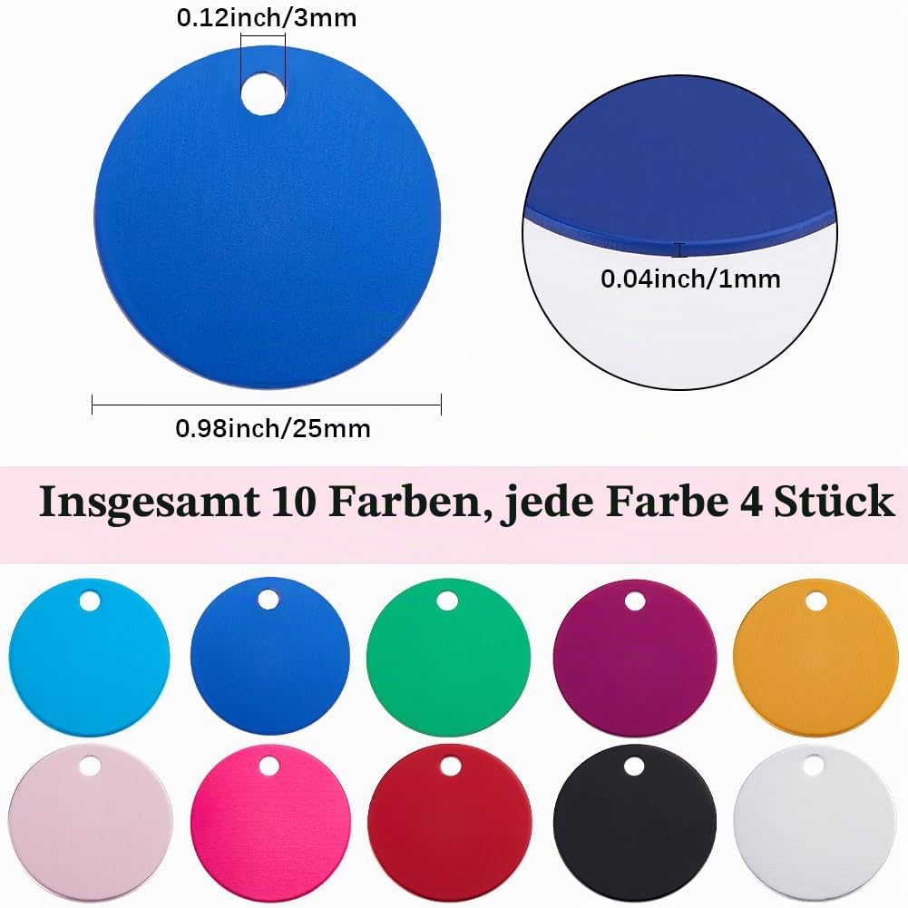 SUNNYCLUE 1 Box 40 Stück 10 Farben Runde Aluminiumanhänger Bunte Metallrohlinge (10)1cm Flache Runde Scheibe Gravur Prägung Schlüsselanhänger Hundeanhänger Rohling Mit Loch Für Die Schmuckherstellung