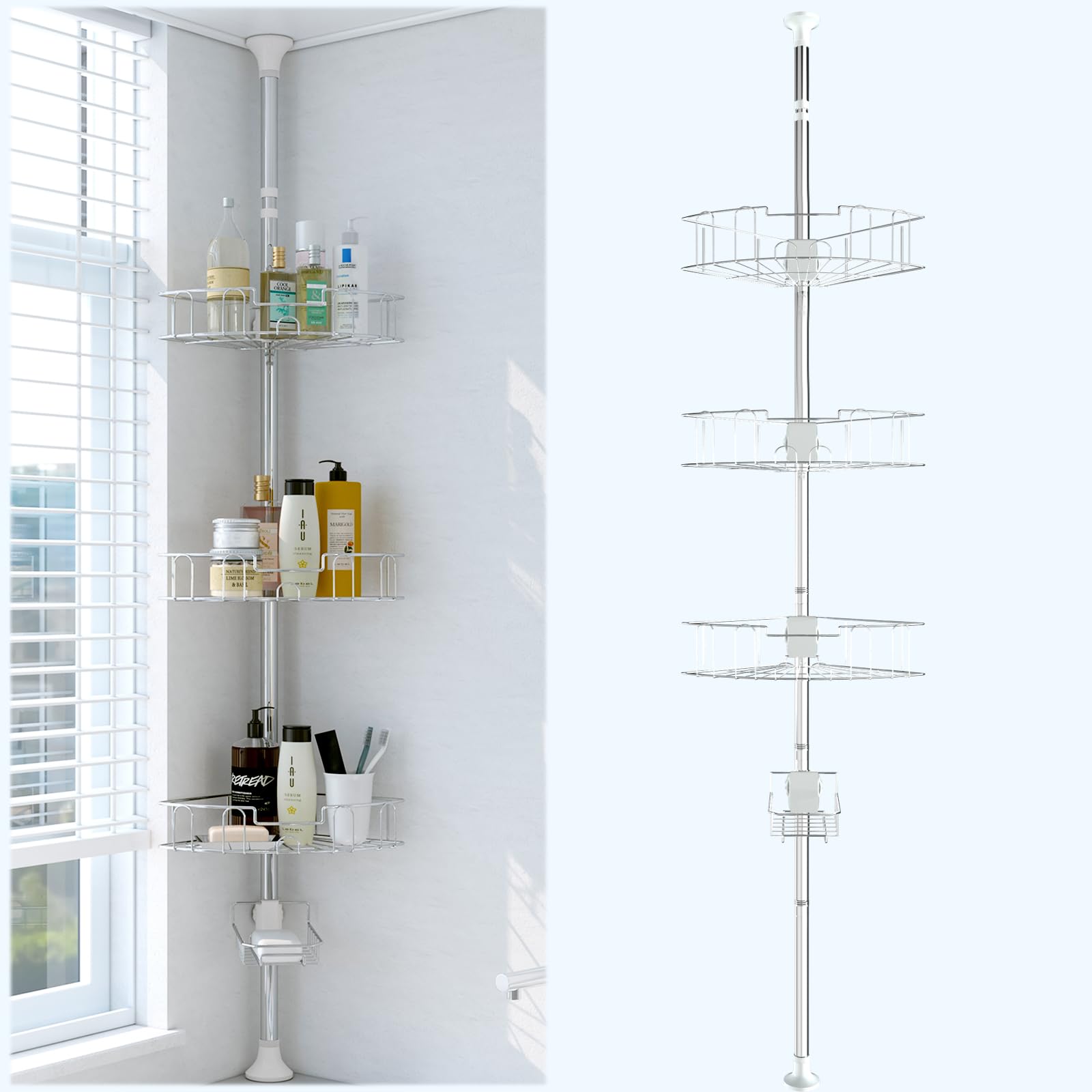 Corner Shower Caddy, Adjustable 4 Layer Shower Organizer, Tension Pole Extend from 39 to 125 Inch Shower Shelf for Inside Shower Silver