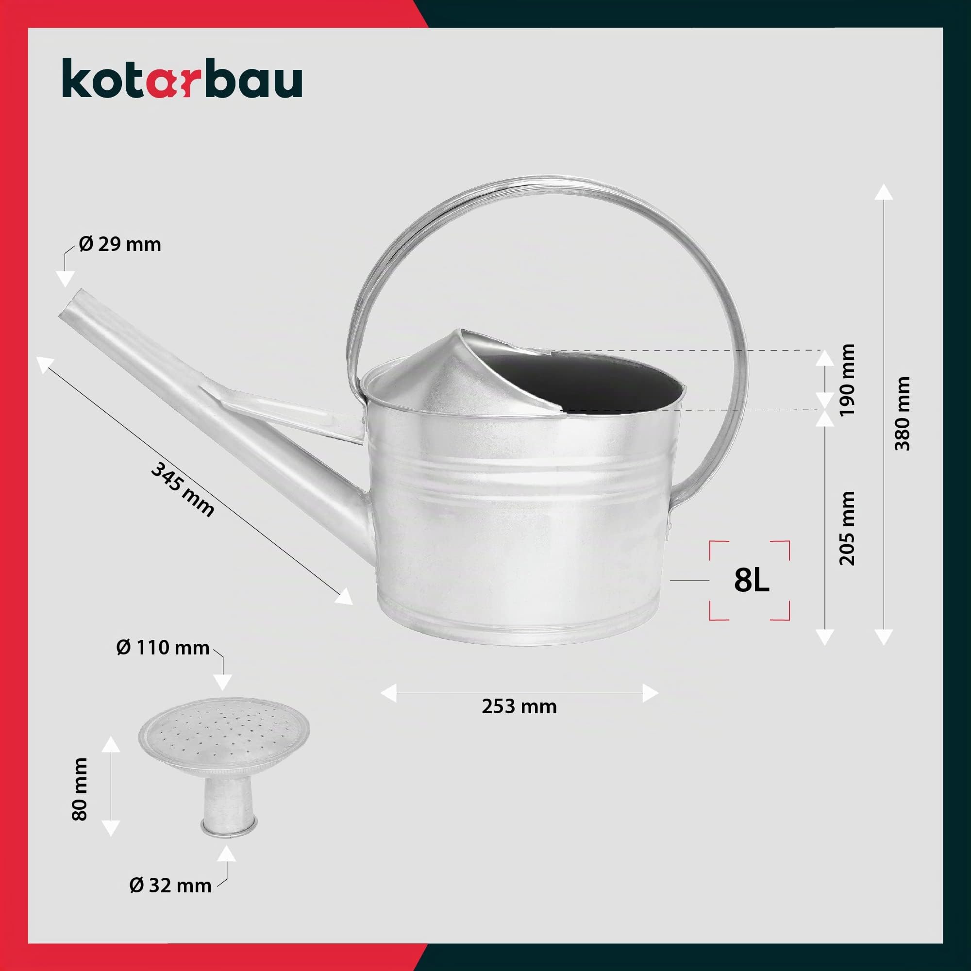 KOTARBAU® Regadera - 8 L - Acero Galvanizado - Regadera Plantas - Plata - para Jardín y Planta de Interior - con Ducha Extraíble - Riego de Plantas - Uso Exterior e Interior