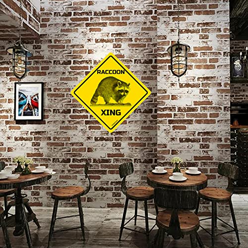 Image of Raccoon Xing Crossing Sign Funny Novelty Metal Tin Sign for Bar Club Country Home Coffee Shop Indoor& Outdoor Decor Yellow Street Sign 12X12inch | Fit for Bar Club Country Home Coffee Shop Wall Decor Indoor& Outdoor Use.